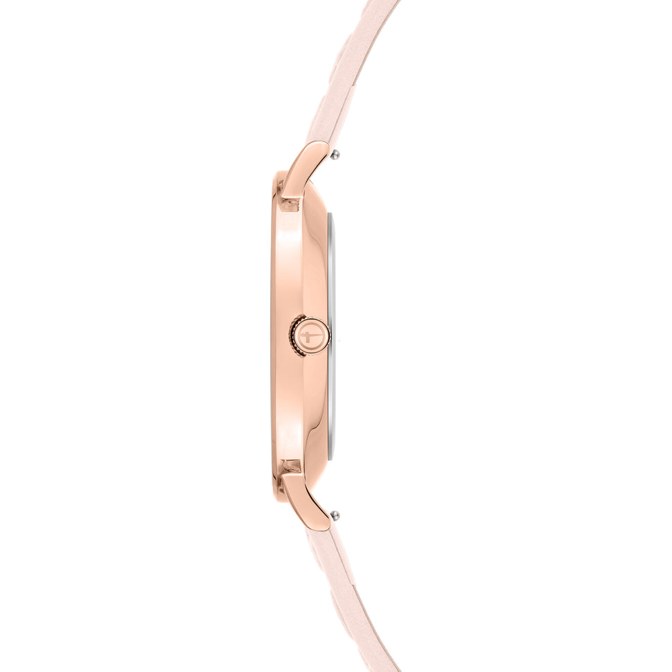 Tamaris Armbanduhr mit flachem, roségoldenem Gehäuse und rosa Lederband mit Logo Pattern Prägung; Seitenansicht