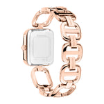 Tamaris Armbanduhr mit roségoldenem Zifferblatt, rechteckigem, flachen, roségoldenem Gehäuse und roségoldenem Metallband; Rückansicht