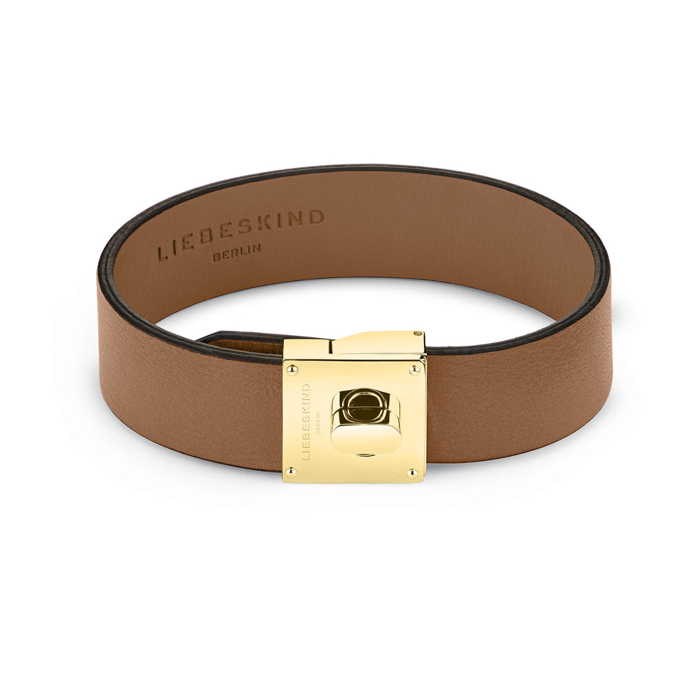 Liebeskind Berlin Armband aus breitem, braunem Lederband mit goldenem Edelstahlverschluss; Produktbild