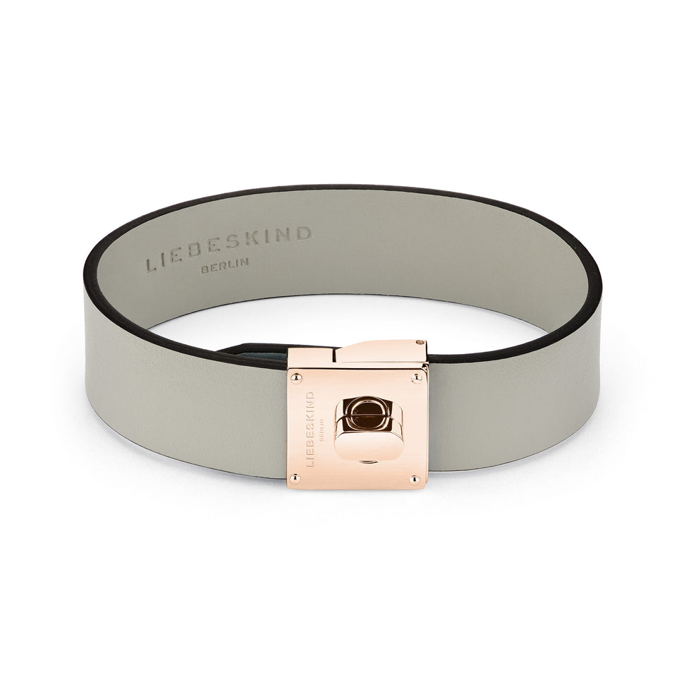 Liebeskind Berlin Armband aus breitem, grauem Lederband mit roségoldenem Edelstahlverschluss; Produktbild