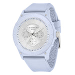 Die LIEBESKIND BERLIN Armbanduhr - Multifunction Statement von Liebeskind Berlin hat ein silbernes Gehäuse, ein hellviolettes Silikonarmband aus recycelten Fischernetzen und mehrere Ziffernblätter.