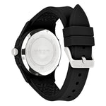 Liebeskind Berlin Armbanduhr mit schwarzem Zifferblatt, Multifunktionswerk, mattiertem, schwarzem Gehäuse und schwarzem Silikonband; Rückansicht