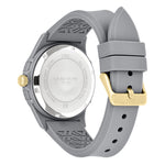 Liebeskind Berlin Armbanduhr mit grauem Zifferblatt mit goldenen Indizes und Akzenten, Multifunktionswerk, mattiertem, grauem Gehäuse und grauem Silikonband; Rückansicht