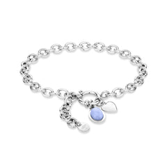 Fynch-Hatton Armband bestehend aus einer flachen, silbernen Gliederkette mit Herzcharm und lila Schmuckstein; Produktbild