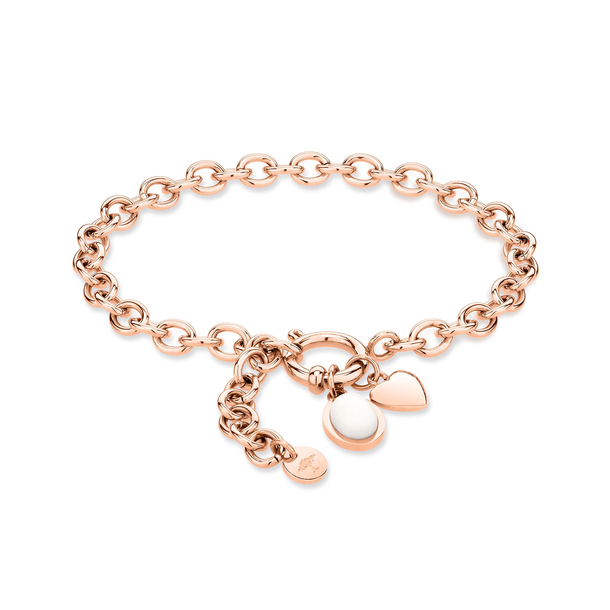 Fynch-Hatton Armband bestehend aus einer flachen, roségoldenen Gliederkette mit Herzcharm und weißem Schmuckstein; Produktbild