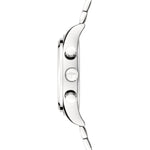 Fynch-Hatton Armbanduhr mit Zifferblatt mit silbernen Indizes, Chronographenwerk, silbernem Gehäuse und silbernem Gliederband; Seitenansicht