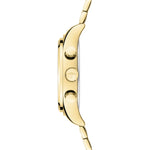 Fynch-Hatton Armbanduhr mit Zifferblatt mit goldenen Indizes, Chronographenwerk, goldenem Gehäuse und goldenem Gliederband; Seitenansicht