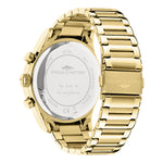 Fynch-Hatton Armbanduhr mit Zifferblatt mit goldenen Indizes, Chronographenwerk, goldenem Gehäuse und goldenem Gliederband; Rückansicht