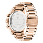 Fynch-Hatton Armbanduhr mit Zifferblatt mit roségoldenen Indizes, Chronographenwerk, roségoldenen Gehäuse und roségoldenen Gliederband; Rückansicht