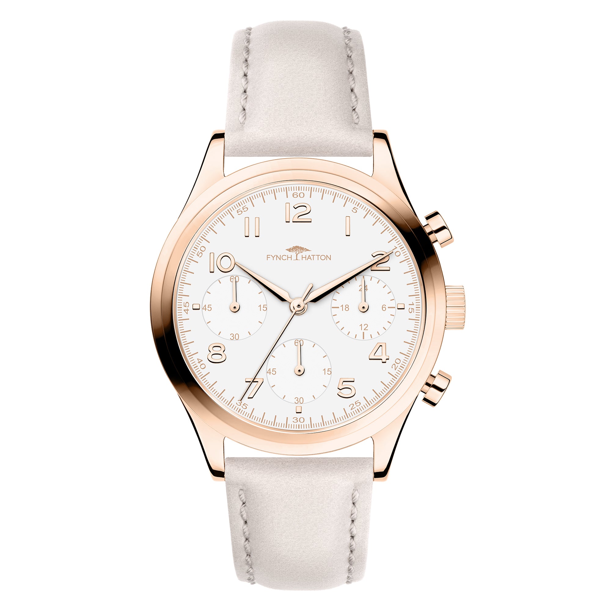 Fynch-Hatton Armbanduhr mit Zifferblatt mit roségoldenen Indizes, Chronographenwerk, roségoldenem Gehäus und grauem Lederband; Produktbild