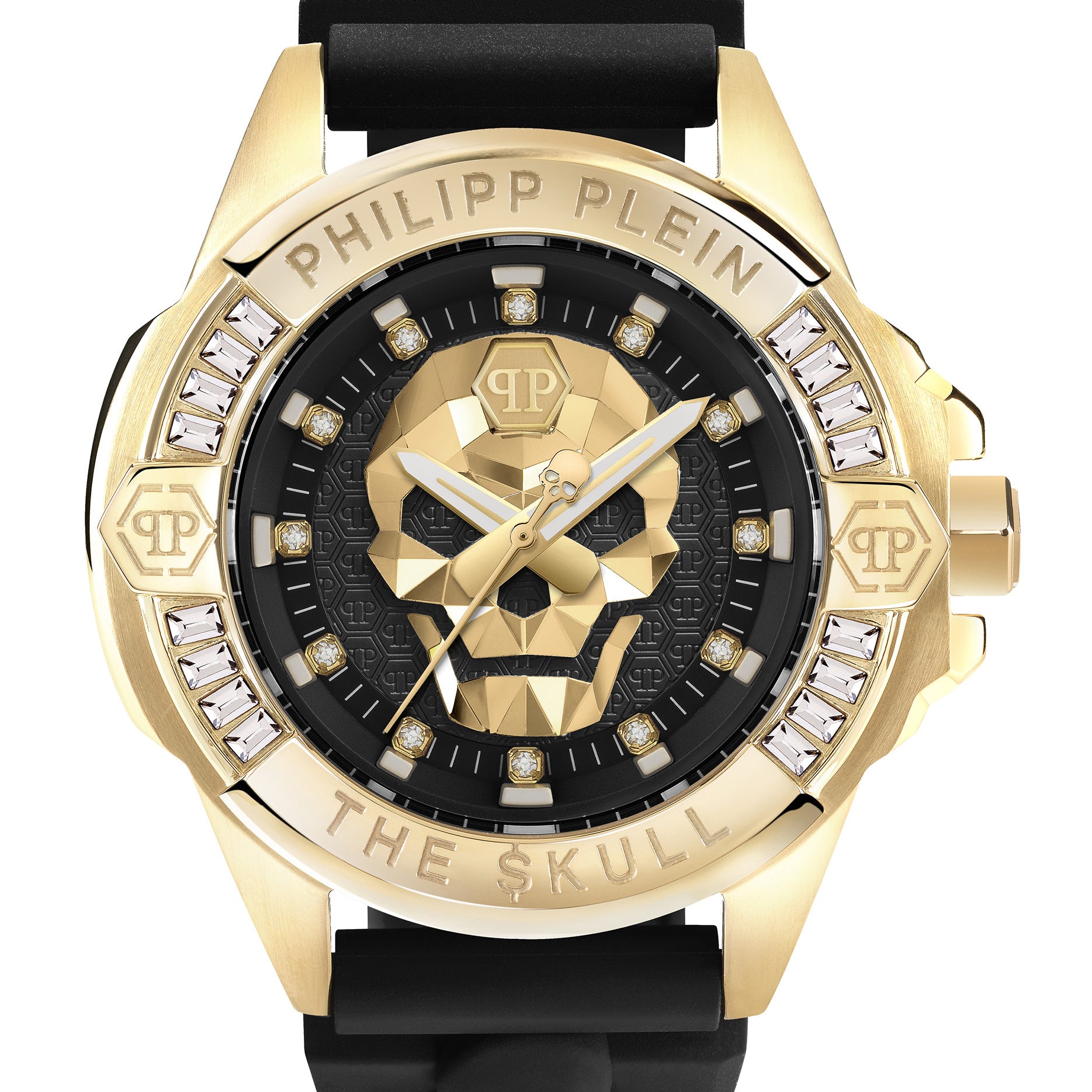 Philipp Plein Armbanduhr mit schwarzem Zifferblatt mit goldenem Totenkopfdesign und Glassteinindizes mit goldener Umrandung, goldenem Gehäuse, goldenem und glassteinverziertem Topring und schwarzem Silikonband; Produktbild