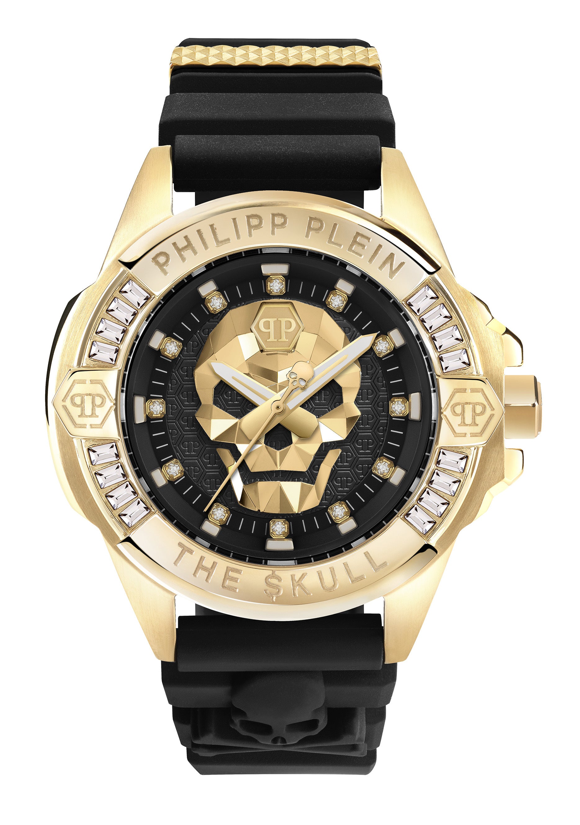 Philipp Plein Armbanduhr mit schwarzem Zifferblatt mit goldenem Totenkopfdesign und Glassteinindizes mit goldener Umrandung, goldenem Gehäuse, goldenem und glassteinverziertem Topring und schwarzem Silikonband; Produktbild