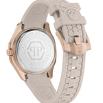 Philipp Plein Armbanduhr mit beigem Zifferblatt mit sechseckigem Muster und silbernen Indizes, roségoldenem Gehäuse mit glassteinbesetztem Topring und beigem Silikonband mit sechseckigem Muster; Produktbild