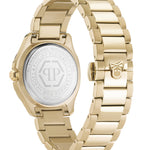 Philipp Plein Armbanduhr mit schwarzem Zifferblatt mit sechseckigem Muster und weißen Indizes mit goldener Umrandung, goldenem Gehäuse mit glassteinbesetztem, goldenem Topring und goldenem Edelstahlband; Produktbild