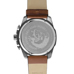 Rückseite der Diesel Armbanduhr - Der Brown Leather Chrono von Diesel, mit braunem Lederarmband und eingraviertem Logo mit Irokesen-Kopf - eine unverkennbar hochwertige Uhr.