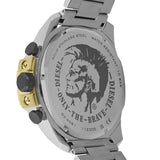 Diesel Armbanduhr mit schwarzem Zifferblatt mit weiß-goldenen Indizes und goldenen Verzierungen, Chronographenwerk, silbernem Gehäuse und silber-goldenem Edelstahlband; Zusatzbild