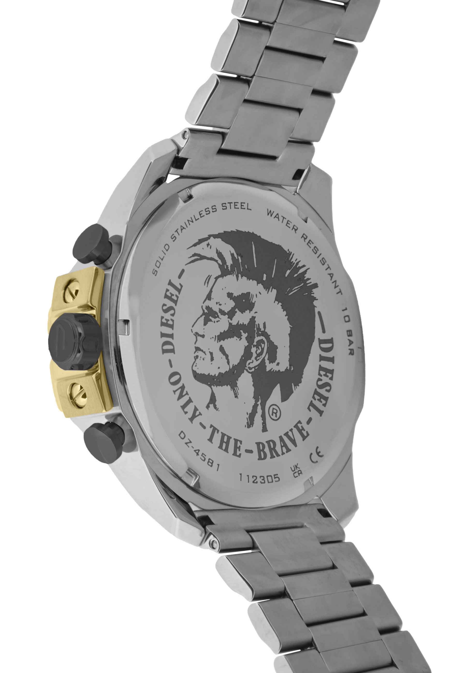 Diesel Armbanduhr mit schwarzem Zifferblatt mit weiß-goldenen Indizes und goldenen Verzierungen, Chronographenwerk, silbernem Gehäuse und silber-goldenem Edelstahlband; Zusatzbild