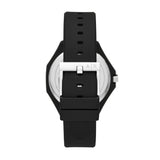 Armani Exchange Armbanduhr mit weißem Zifferblatt im Logomania Design und schwarzen Indizes, schwarzem Kunststoffgehäuse und schwarzem Silikonband; Rückansicht