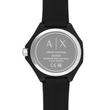 Armani Exchange Armbanduhr mit weißem Zifferblatt im Logomania Design und schwarzen Indizes, schwarzem Kunststoffgehäuse und schwarzem Silikonband; Zusatzbild