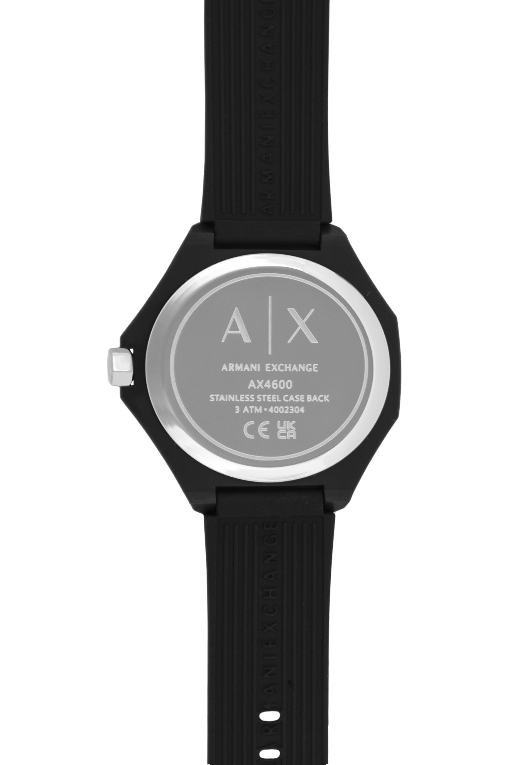 Armani Exchange Armbanduhr mit weißem Zifferblatt im Logomania Design und schwarzen Indizes, schwarzem Kunststoffgehäuse und schwarzem Silikonband; Zusatzbild