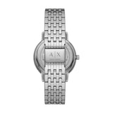 Armani Exchange Armbanduhr mit Zifferblatt im Monddesign mit goldenen Indizes, Glitzersteinakzenten und Mondphasenanzeige, silbernem Gehäuse und silbernem Gliederband; Rückansicht