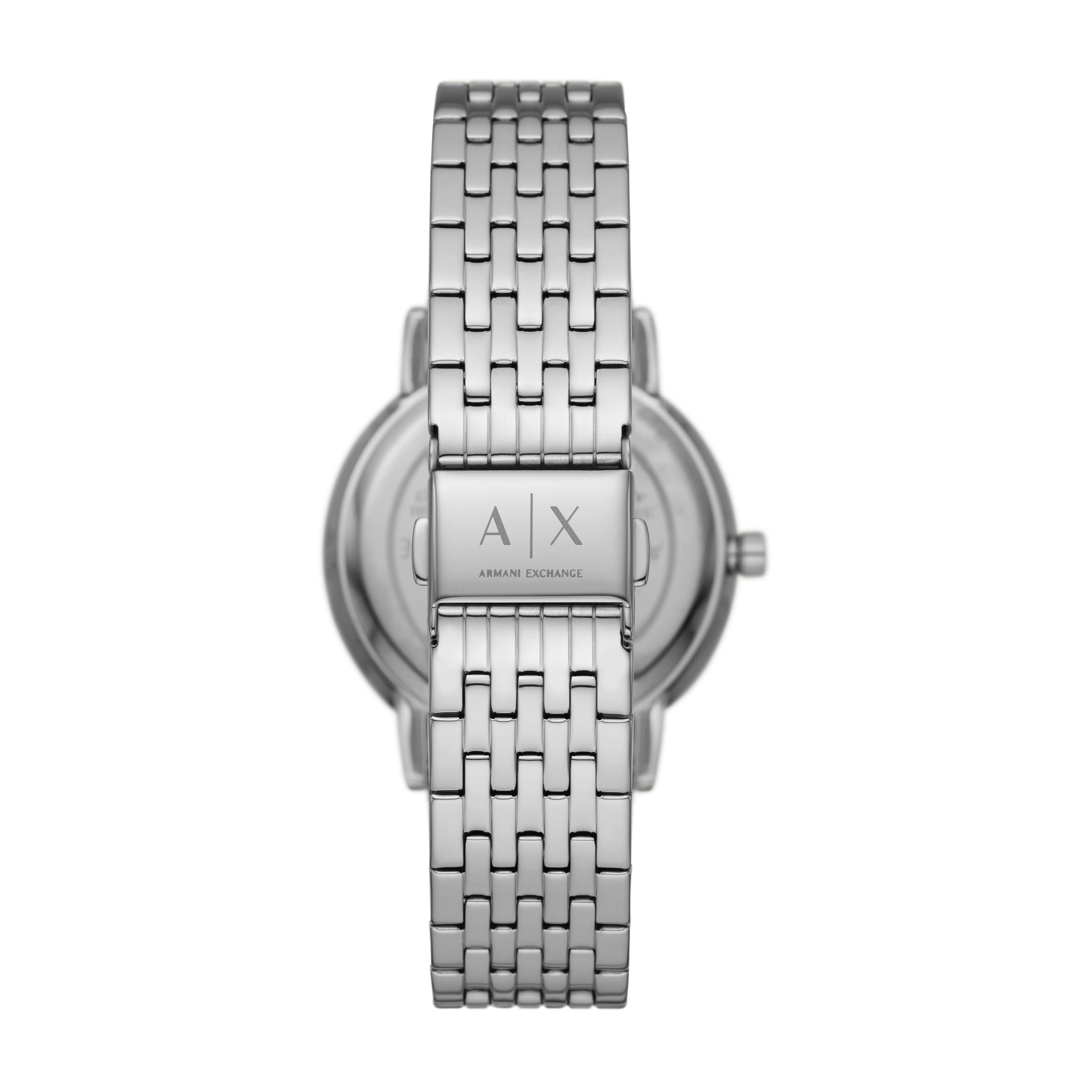 Armani Exchange Armbanduhr mit Zifferblatt im Monddesign mit goldenen Indizes, Glitzersteinakzenten und Mondphasenanzeige, silbernem Gehäuse und silbernem Gliederband; Rückansicht