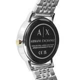 Armani Exchange Armbanduhr mit Zifferblatt im Monddesign mit goldenen Indizes, Glitzersteinakzenten und Mondphasenanzeige, silbernem Gehäuse und silbernem Gliederband; Zusatzbild