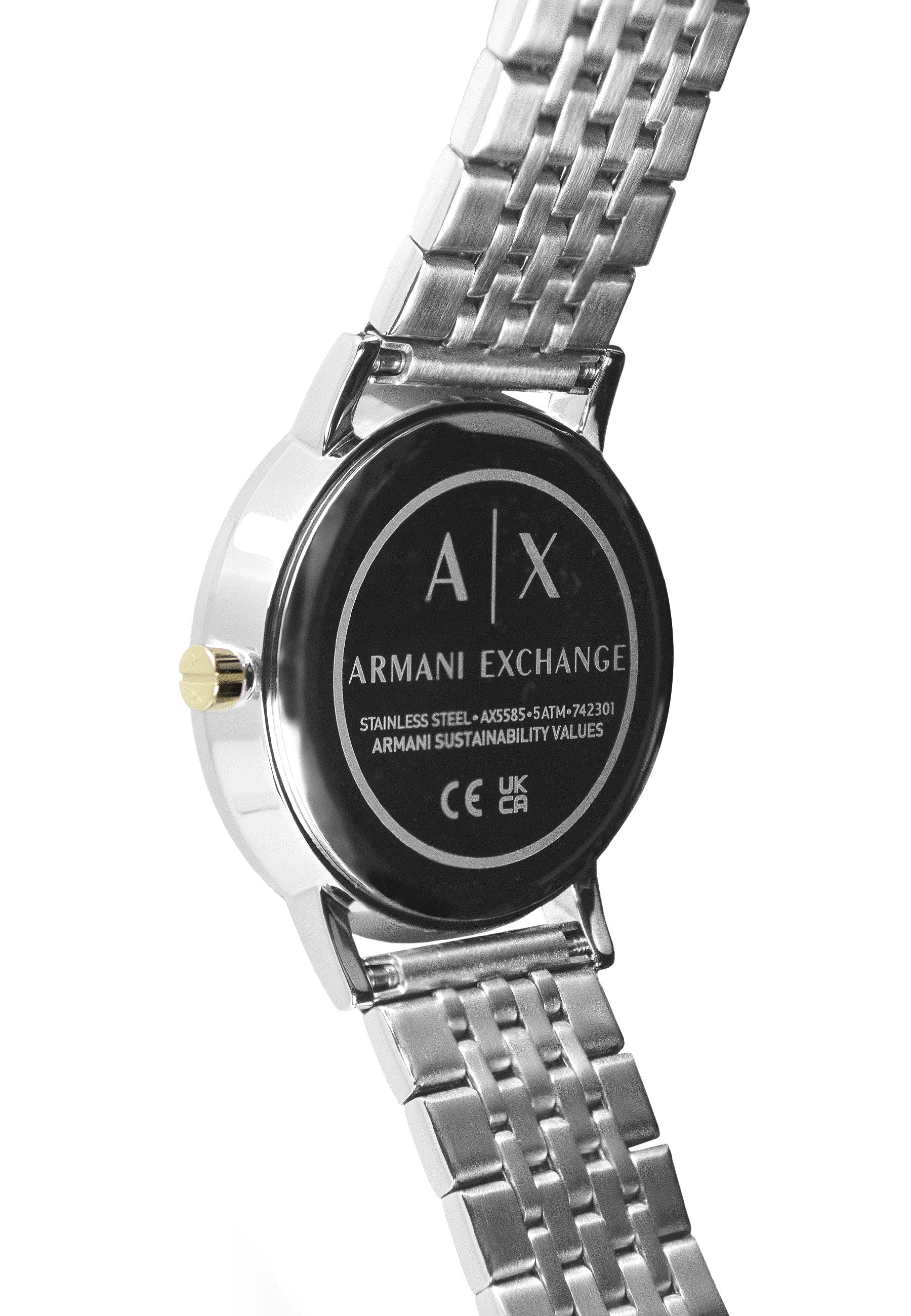 Armani Exchange Armbanduhr mit Zifferblatt im Monddesign mit goldenen Indizes, Glitzersteinakzenten und Mondphasenanzeige, silbernem Gehäuse und silbernem Gliederband; Zusatzbild