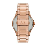 Armani Exchange Armbanduhr mit schwarzem Zifferblatt mit roségoldenen Indizes und Datumanzeige, roségoldenem Gehäuse und roségoldenem Gliederband; Rückansicht