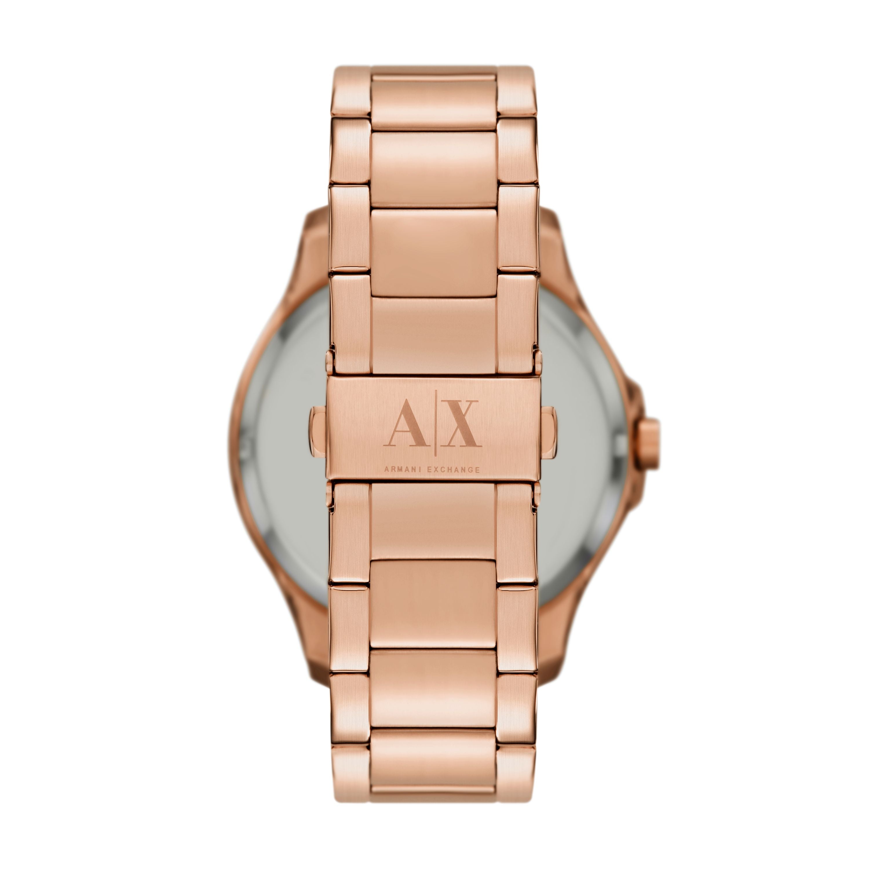 Armani Exchange Armbanduhr mit schwarzem Zifferblatt mit roségoldenen Indizes und Datumanzeige, roségoldenem Gehäuse und roségoldenem Gliederband; Rückansicht