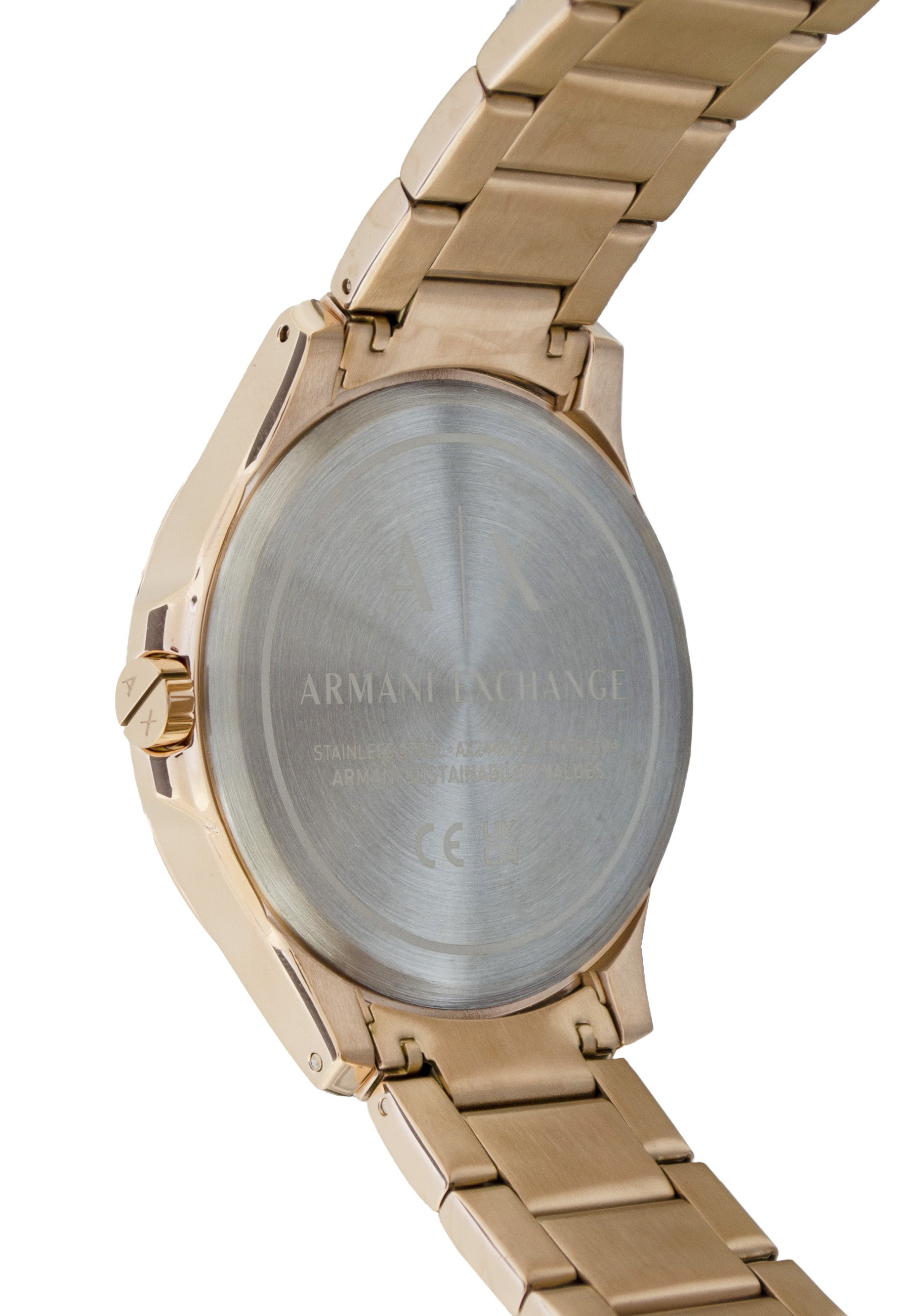 Armani Exchange Armbanduhr mit schwarzem Zifferblatt mit roségoldenen Indizes und Datumanzeige, roségoldenem Gehäuse und roségoldenem Gliederband; Zusatzbild