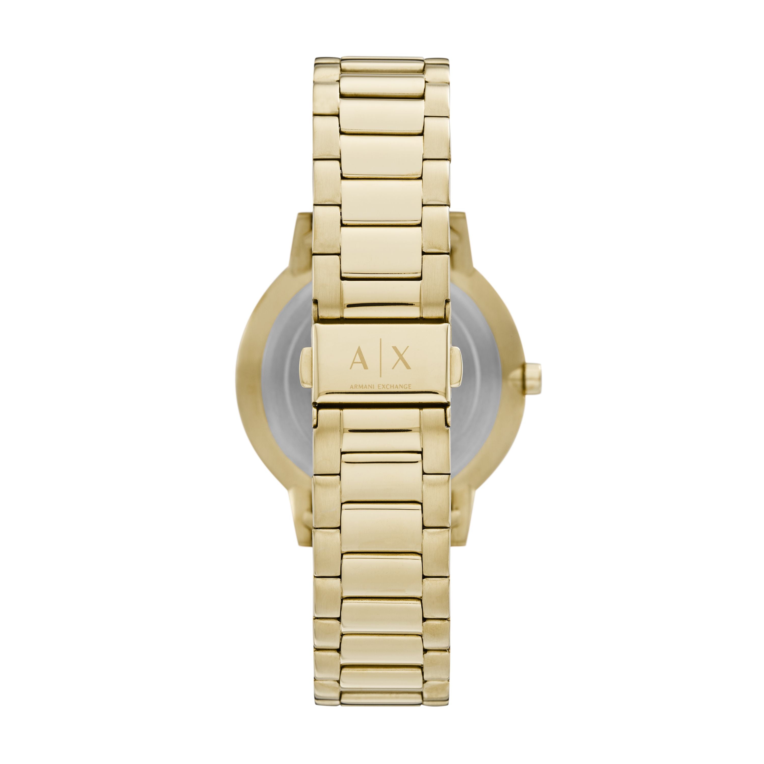 Armani Exchange Armbanduhr mit schwarzem Zifferblatt mit goldenen Indizes, goldenem Gehäuse und goldenem Gliederband; Rückansicht