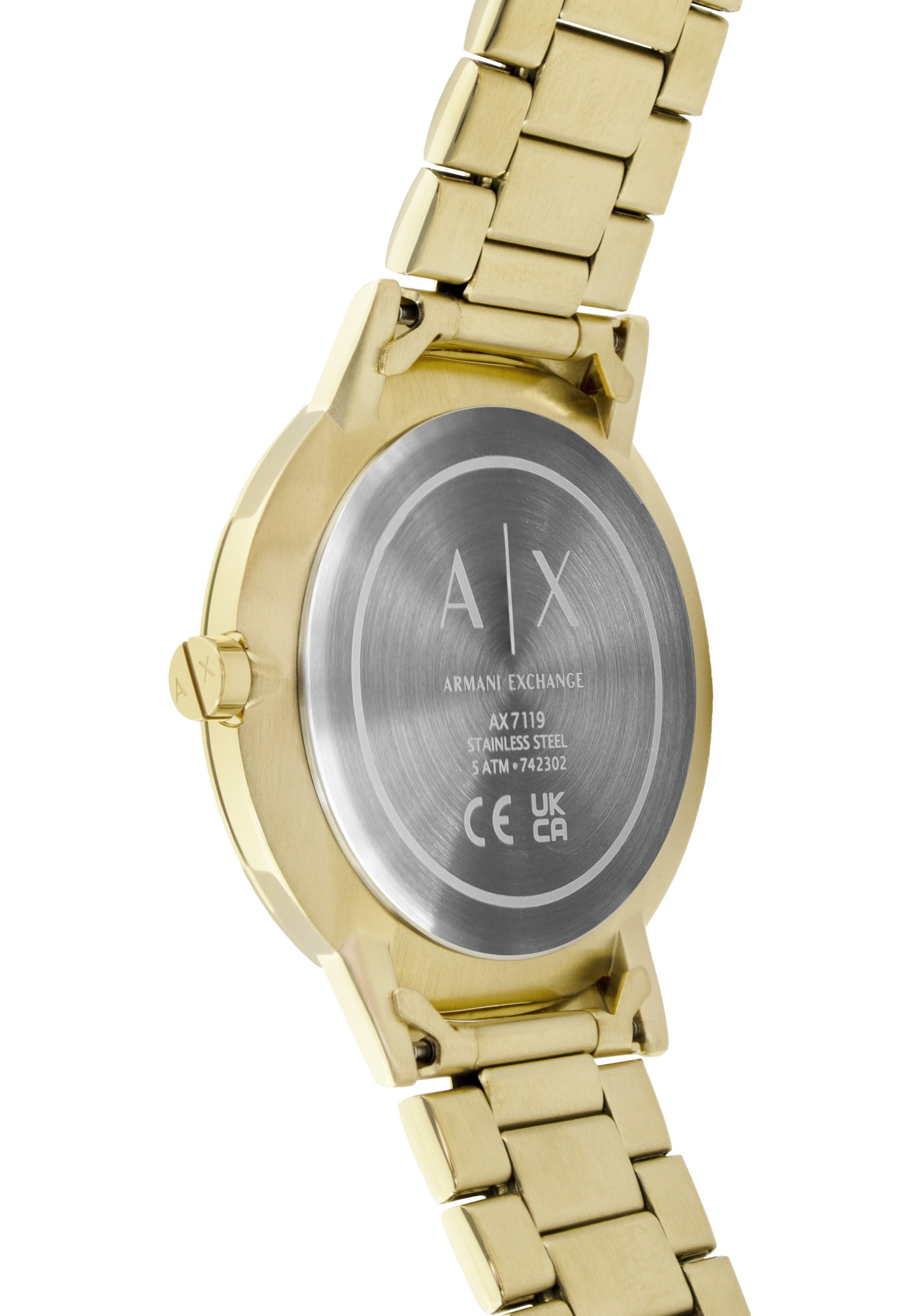 Armani Exchange Armbanduhr mit schwarzem Zifferblatt mit goldenen Indizes, goldenem Gehäuse und goldenem Gliederband; Zusatzbild