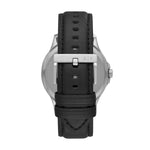 Armani Exchange Armbanduhr mit schwarzem Zifferblatt mit silbernen Verzierungen, Datumanzeige, silbernem Gehäuse und schwarzem Lederband; Rückanischt