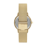 Armani Exchange Armbanduhr mit goldenem Zifferblatt mit Glitzerstein Details, goldenem Gehäuse und goldenem Meshband; Rückansicht