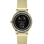 Armani Exchange Armbanduhr mit goldenem Zifferblatt mit Glitzerstein Details, goldenem Gehäuse und goldenem Meshband; Zusatzbild
