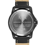 Armani Exchange Armbanduhr mit schwarzem Zifferblatt mit silbernen Indizes, schwarzem Gehäuse und schwarzem Lederband; Zusatzbild