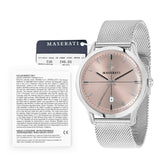 Maserati Armbanduhr mit silbernem Zifferblatt mit Guilloche-Verziehrung, silbernem Gehäuse und silbernem Meshband Zusatzbild