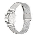 Liebeskind Berlin Armbanduhr mit silbernem Zifferblatt, silbernen Indizes, silbernem Gehäuse und silbernem, glitzerndem Meshband; Rückansicht