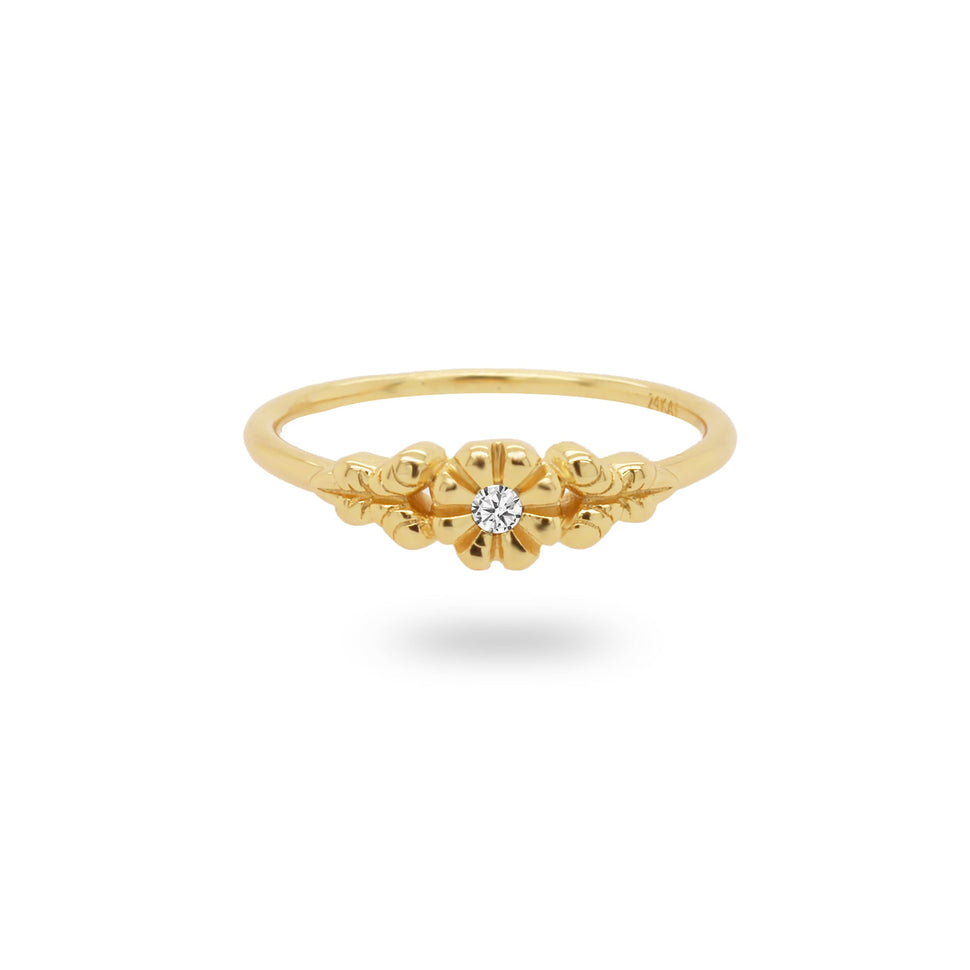 24KAE Ring mit einer Blume mit einem kleinen Stein in der Farbe gold; Größe 56 Draufsicht