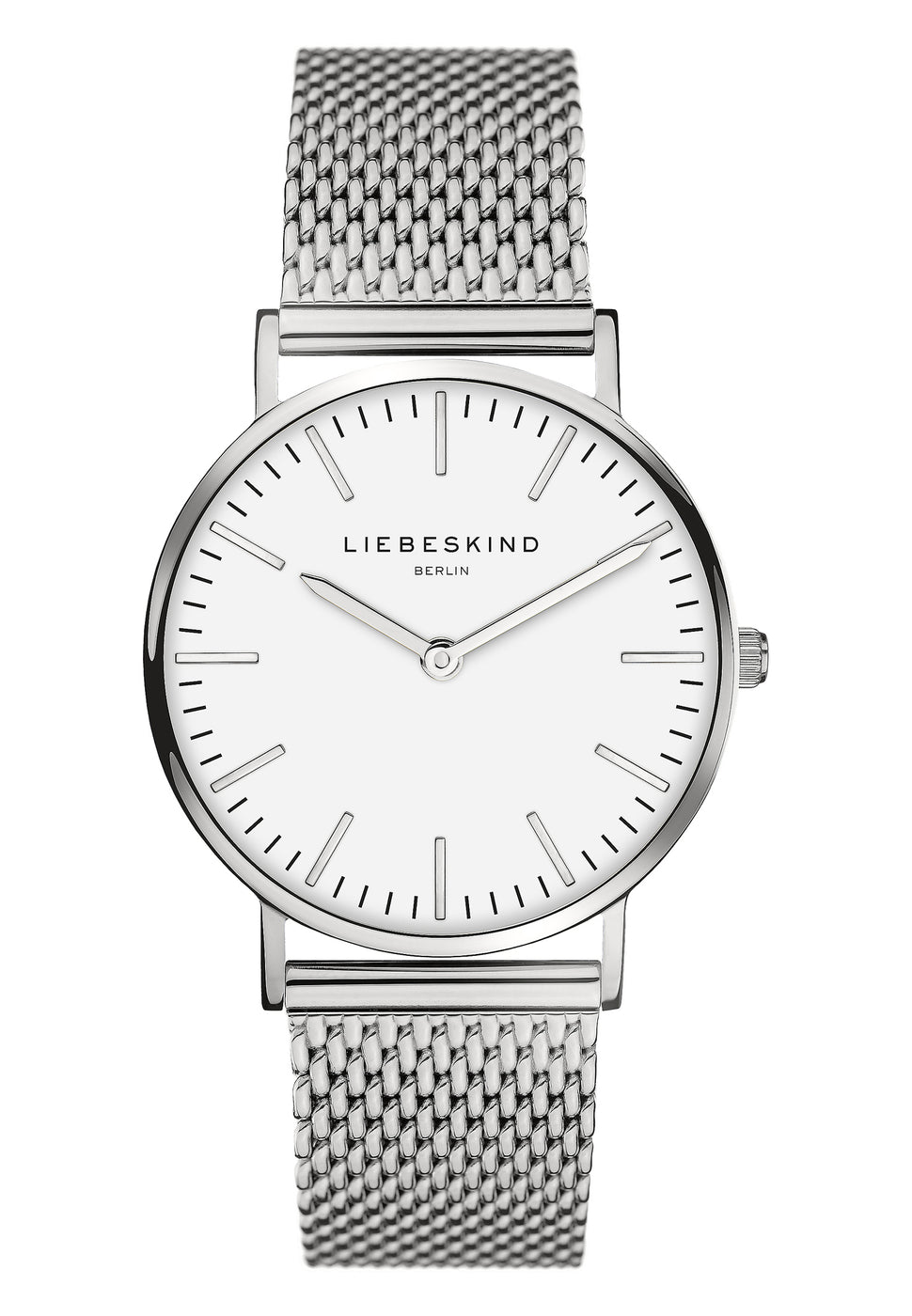 Liebeskind Berlin Armbanduhr mit silbernen Indizes, silbernem Gehäuse und silbernem Meshband; Produktbild