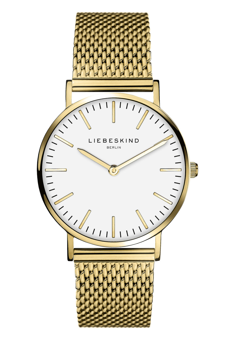 Liebeskind Berlin Armbanduhr mit goldenen Indizes, goldenem Gehäuse und goldenem Meshband; Produktbild