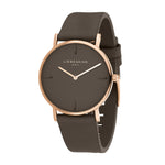 Liebeskind Berlin Armbanduhr mit braunem Zifferblatt aus Leder und vier Nähten als Indizes, roségoldenen Zeigern, roségoldenem Gehäuse und braunem Lederband; Produktbild