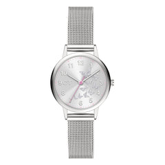 Cool Time Kids Armbanduhr mit einem silbernen Zifferblatt mit glitzernden Schmetterlingen, silbernem Gehäuse und silbernem Meshband; Produktbild