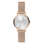 Cool Time Kids Armbanduhr mit einem silbernen Zifferblatt mit glitzernden Schmetterlingen, roségoldenem Gehäuse und roségoldenem Meshband; Produktbild