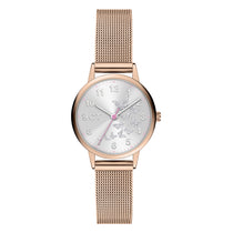 Cool Time Kids Armbanduhr mit einem silbernen Zifferblatt mit glitzernden Schmetterlingen, roségoldenem Gehäuse und roségoldenem Meshband; Produktbild