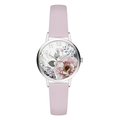 Cool Time Kids Armbanduhr mit Blütenmotiv auf dem Zifferblatt, silbernem Gehäuse und rosa Kunstlederarmband; Produktbild