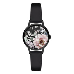 Cool Time Kids Armbanduhr mit Blütenmotiv auf dem Zifferblatt, schwarzem Gehäuse und schwarzem Kunstlederarmband; Produktbild