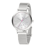 Cool Time Kids Armbanduhr mit einem silbernen Zifferblatt mit glitzernden Schmetterlingen, silbernem Gehäuse und silbernem Meshband; Produktbild