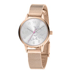 Cool Time Kids Armbanduhr mit einem silbernen Zifferblatt mit glitzernden Schmetterlingen, roségoldenem Gehäuse und roségoldenem Meshband; Produktbild